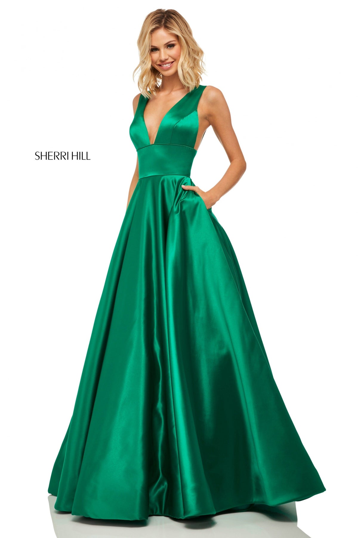 Sherri Hill 52911 satin A-line gown with deep-V-neckline in emerald