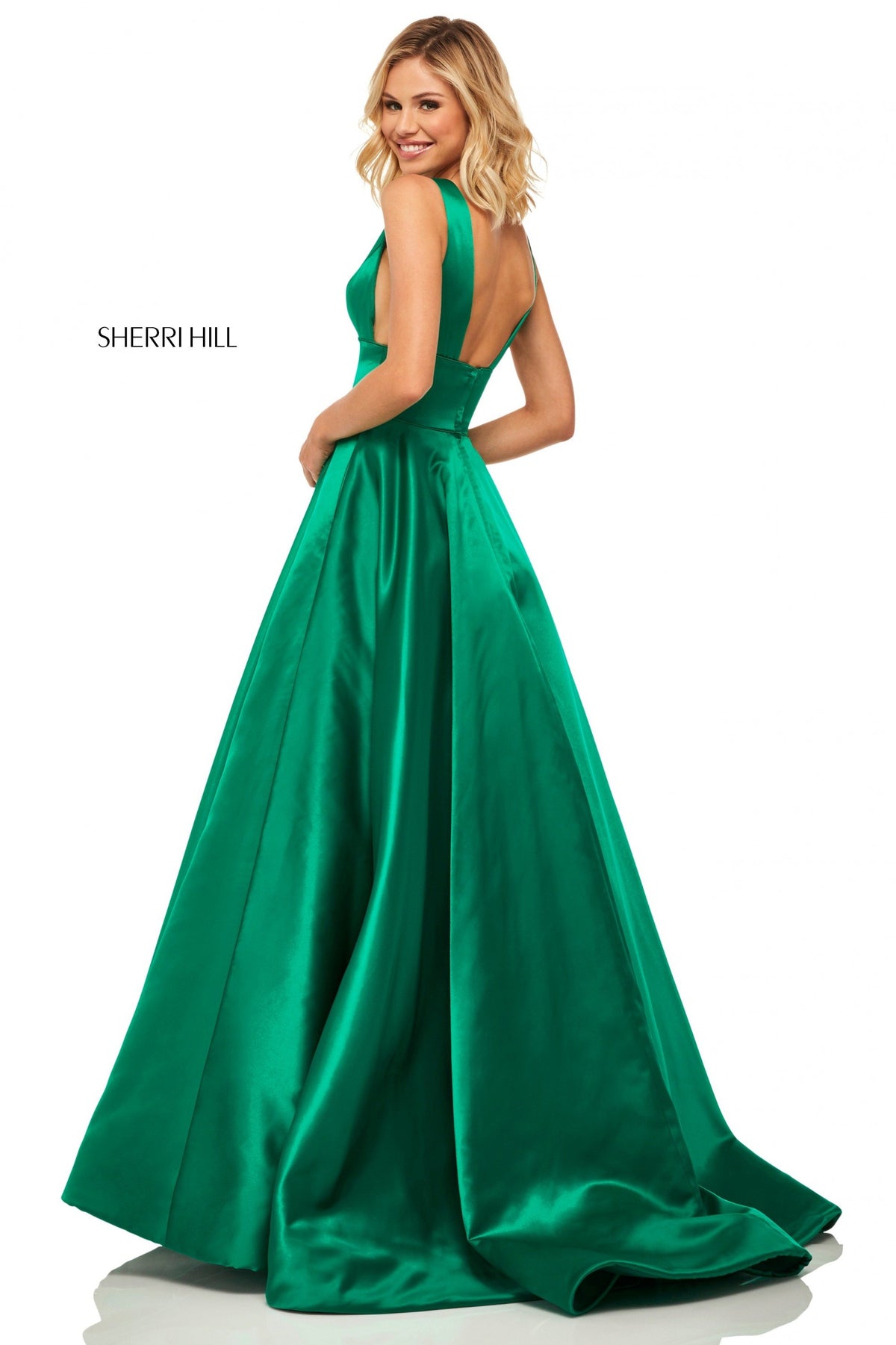 Sherri Hill 52911 satin A-line gown with deep-V-neckline