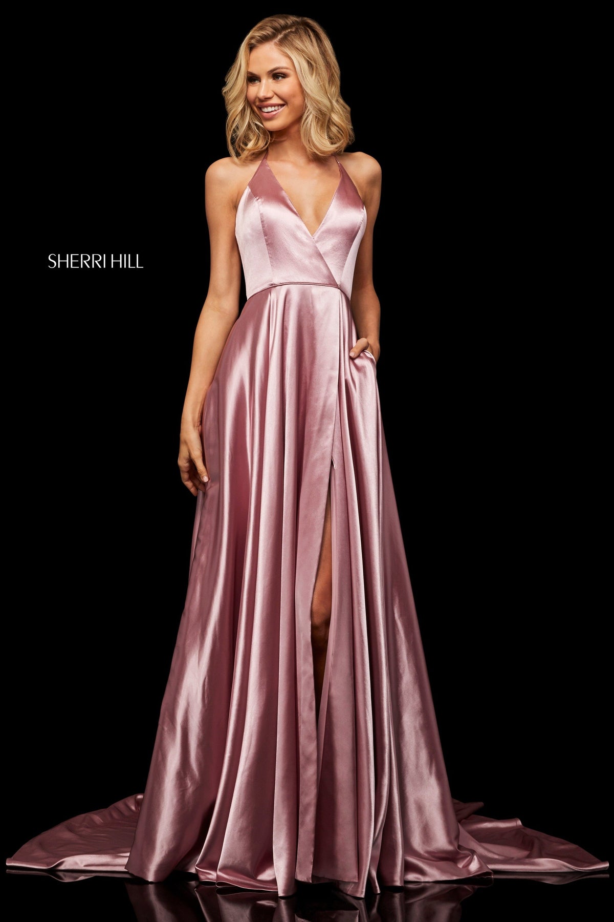 Sherri Hill 52921 satin gown with deep v halter neckline