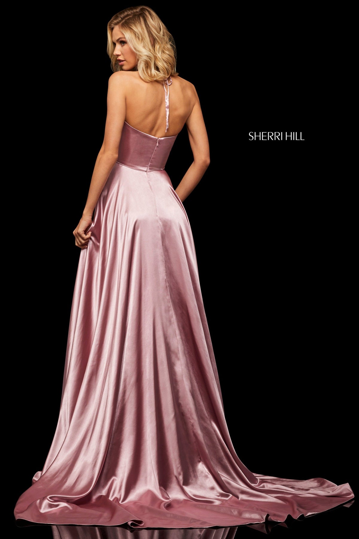 Sherri Hill 52921 satin gown with deep v halter neckline