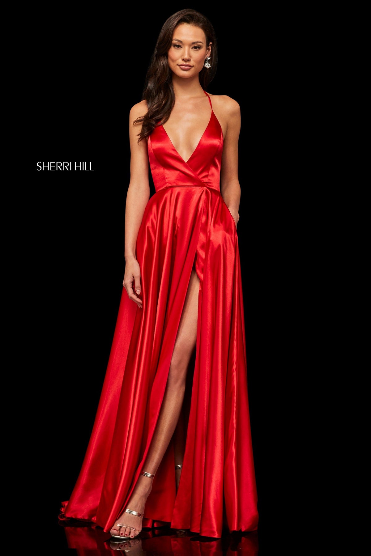 Sherri Hill 52921 satin gown with deep v halter neckline in red