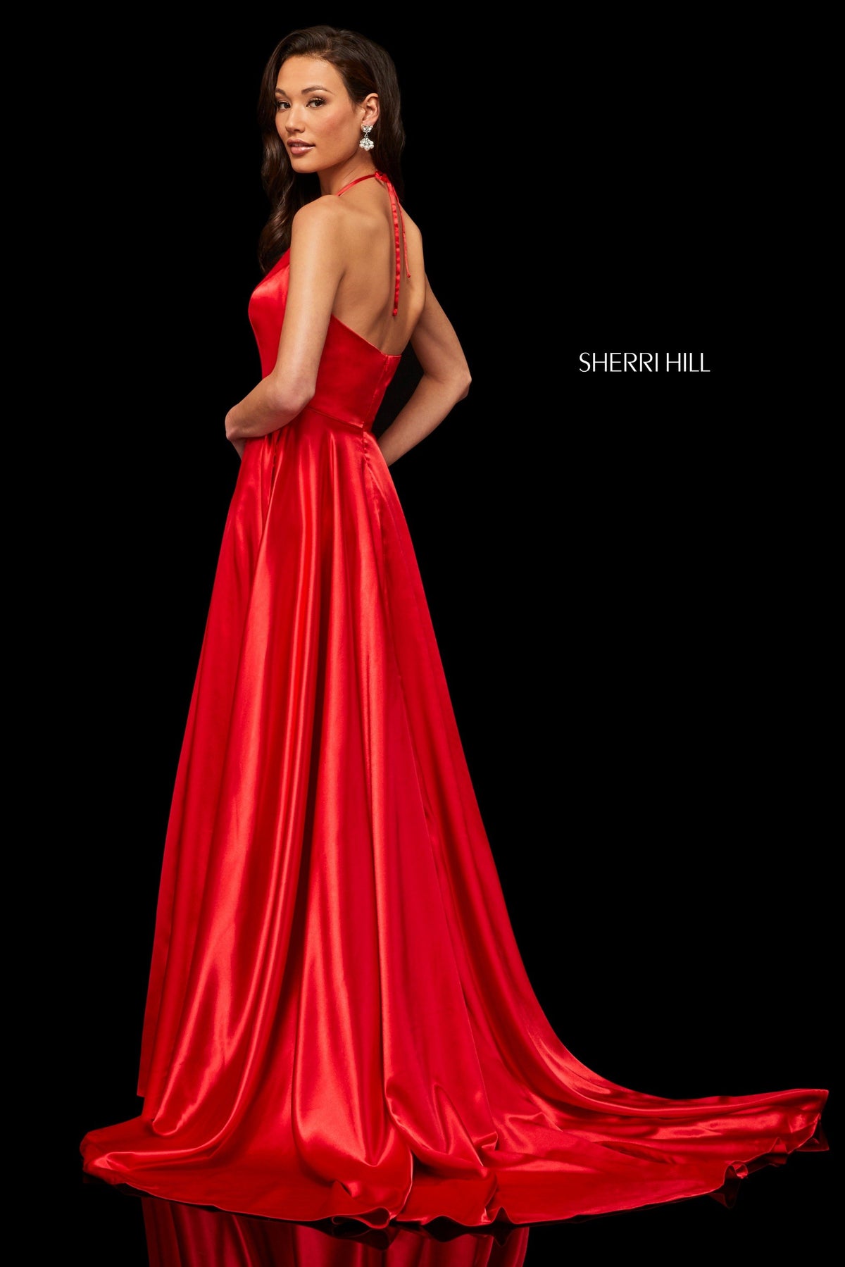 Sherri Hill 52921 satin gown with deep v halter neckline