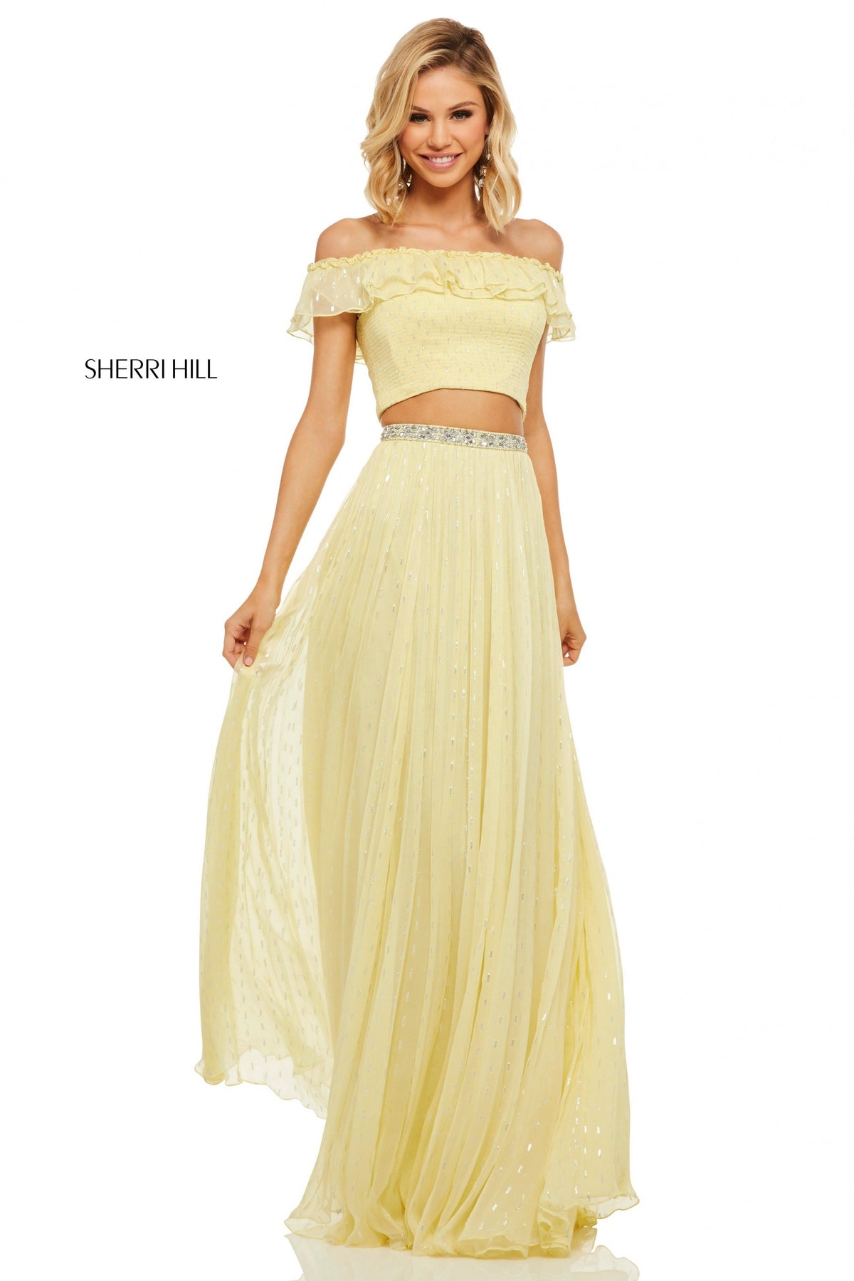 Sherri Hill 52800 two-piece, smocked off-the-shoulder top in yellow