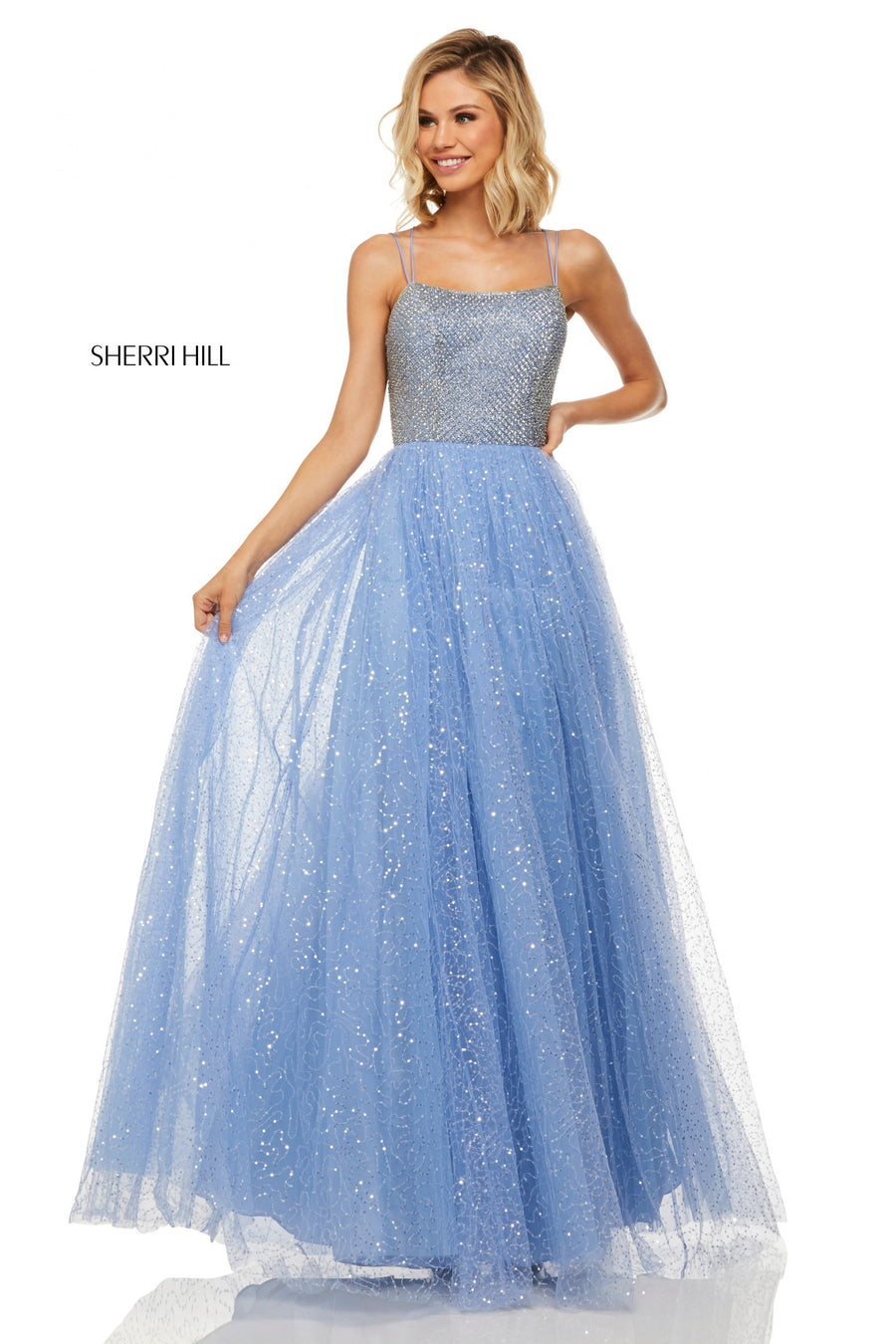 Sherri Hill style 52913 in light blue, Sequin Tulle A-Line Gown
