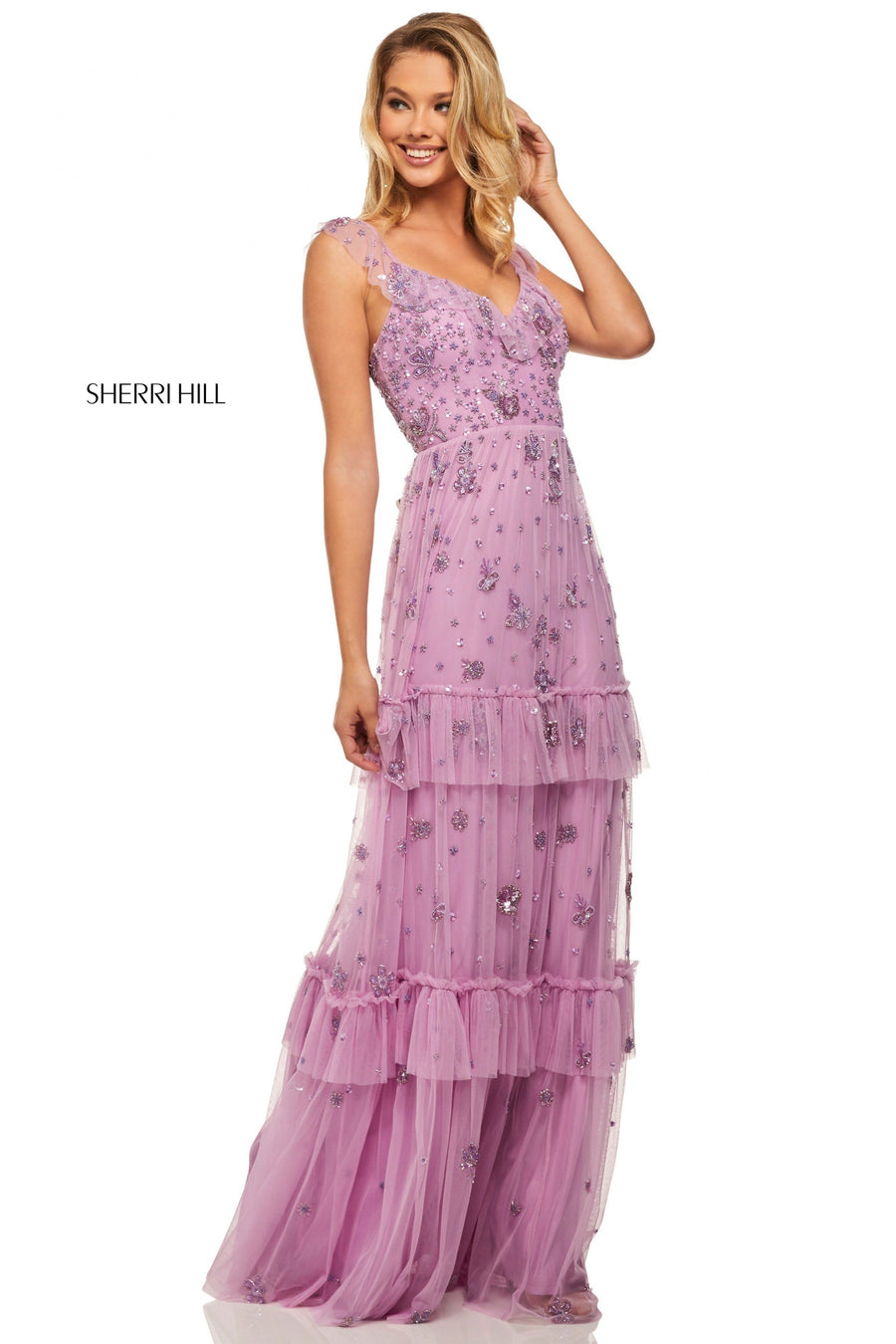 Sherri Hill style 52929 in lilac, Beaded Chiffon A-Line Gown