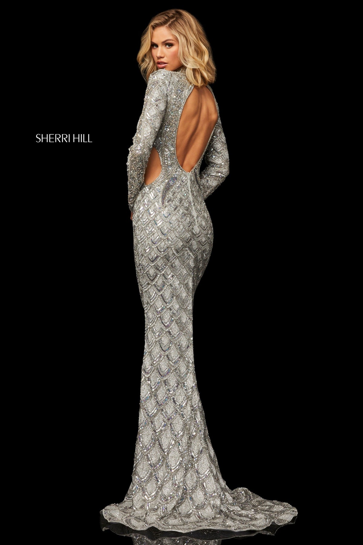 Sherri Hill 52916 beaded column gown with high neckline