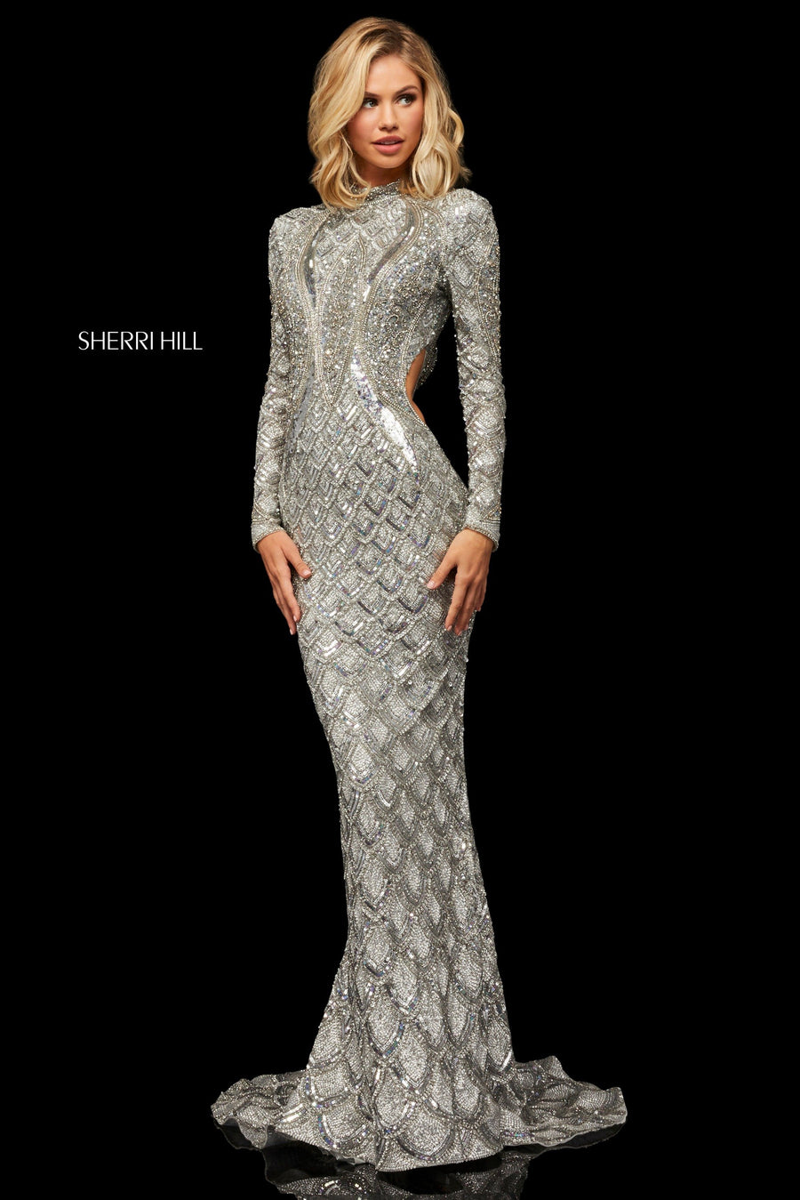 Sherri Hill style 52916 in silver, Beaded Column Gown with High Neckline