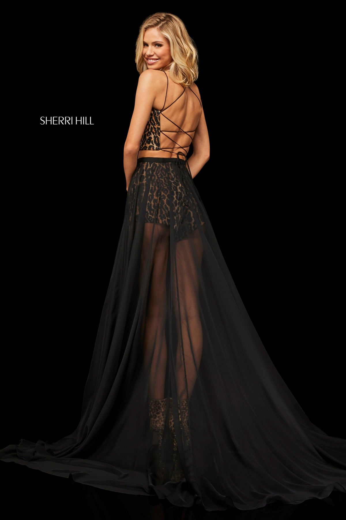 Sherri Hill 52919 lace up back animal print crop top in animal print
