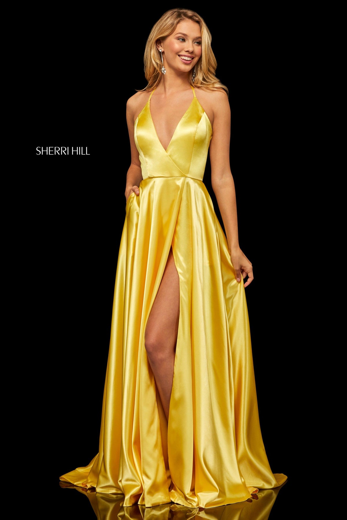 Sherri Hill 52921 satin gown with deep v halter neckline in yellow