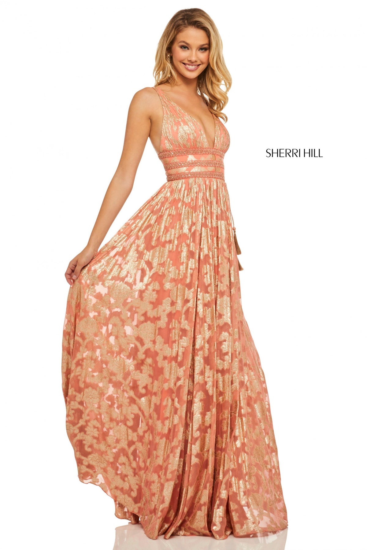 Sherri Hill 52474 metallic cross dyed gown in coral/gold