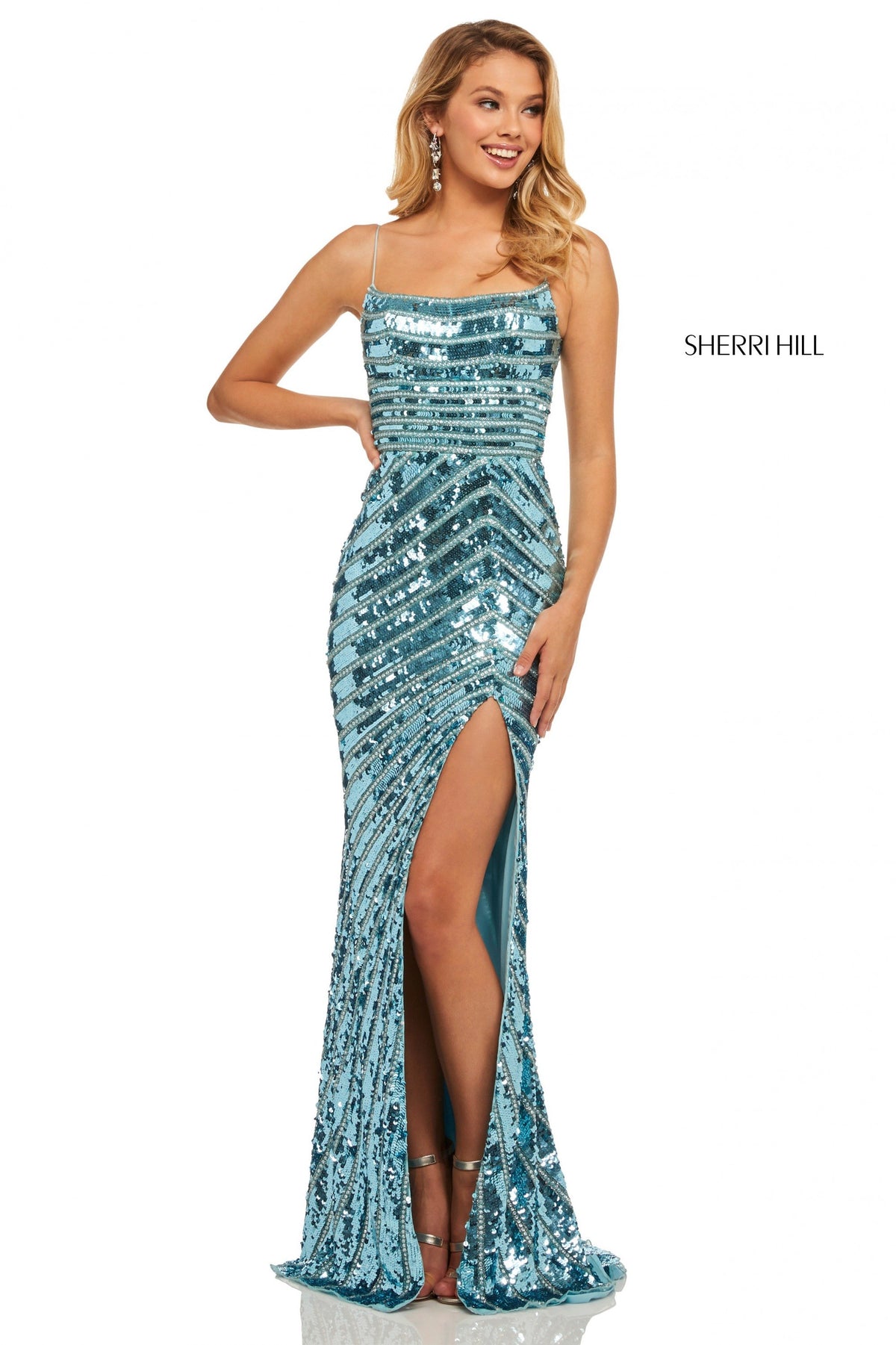 Sherri Hill 52558 fitted sequin gown with slit