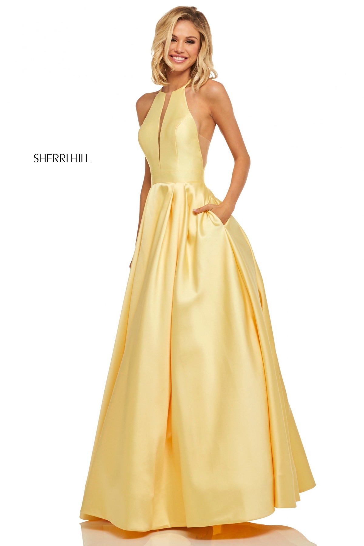 Sherri Hill 52583 high neck mikado A-line skirt pockets in yellow
