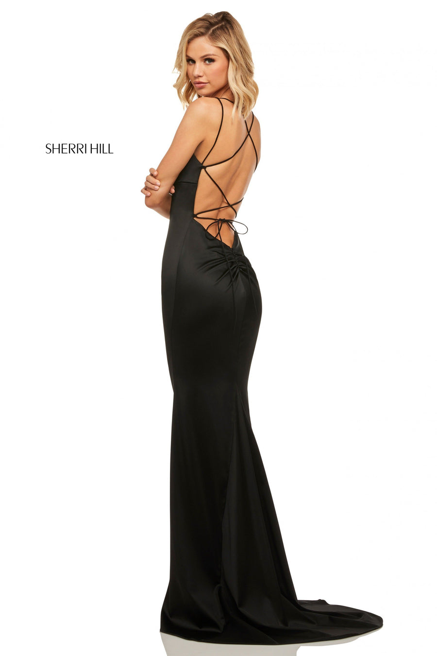 Sherri Hill style 52613 in teal, Stretch Satin Fitted Gown