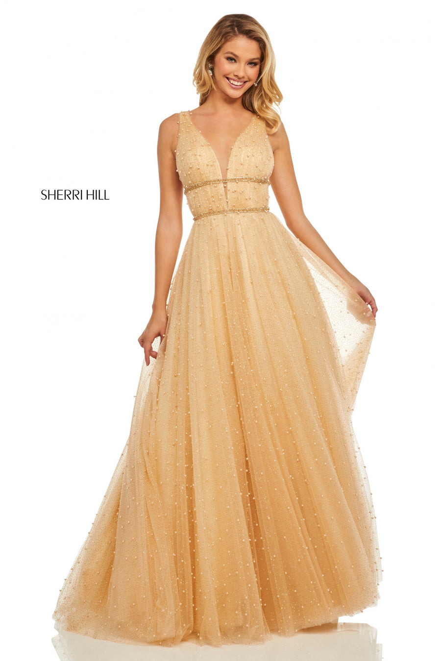Sherri Hill style 52640 in champagne, Glitter Chiffon A-Line Gown