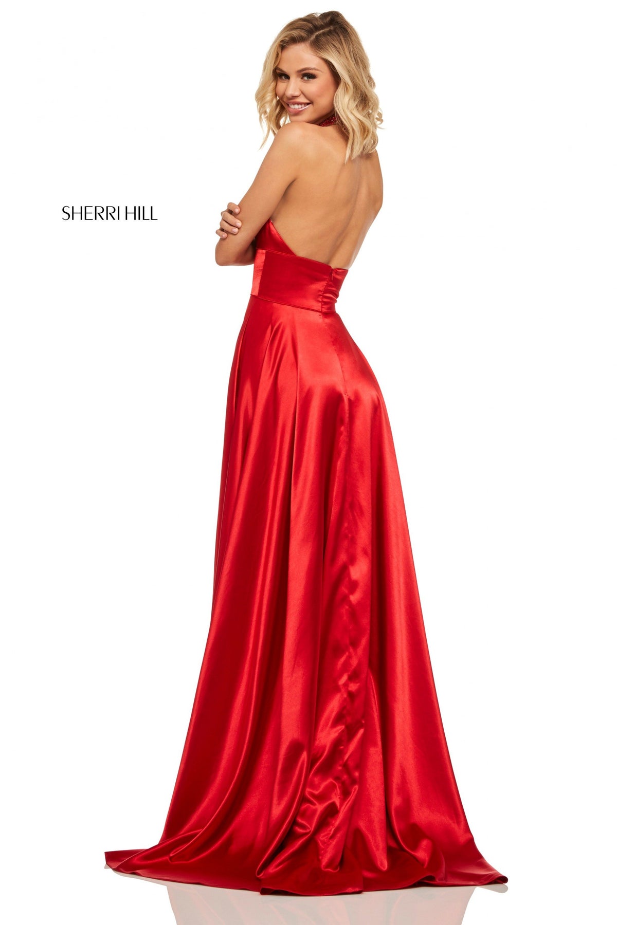 Sherri Hill 52920 satin high-neck halter top gown