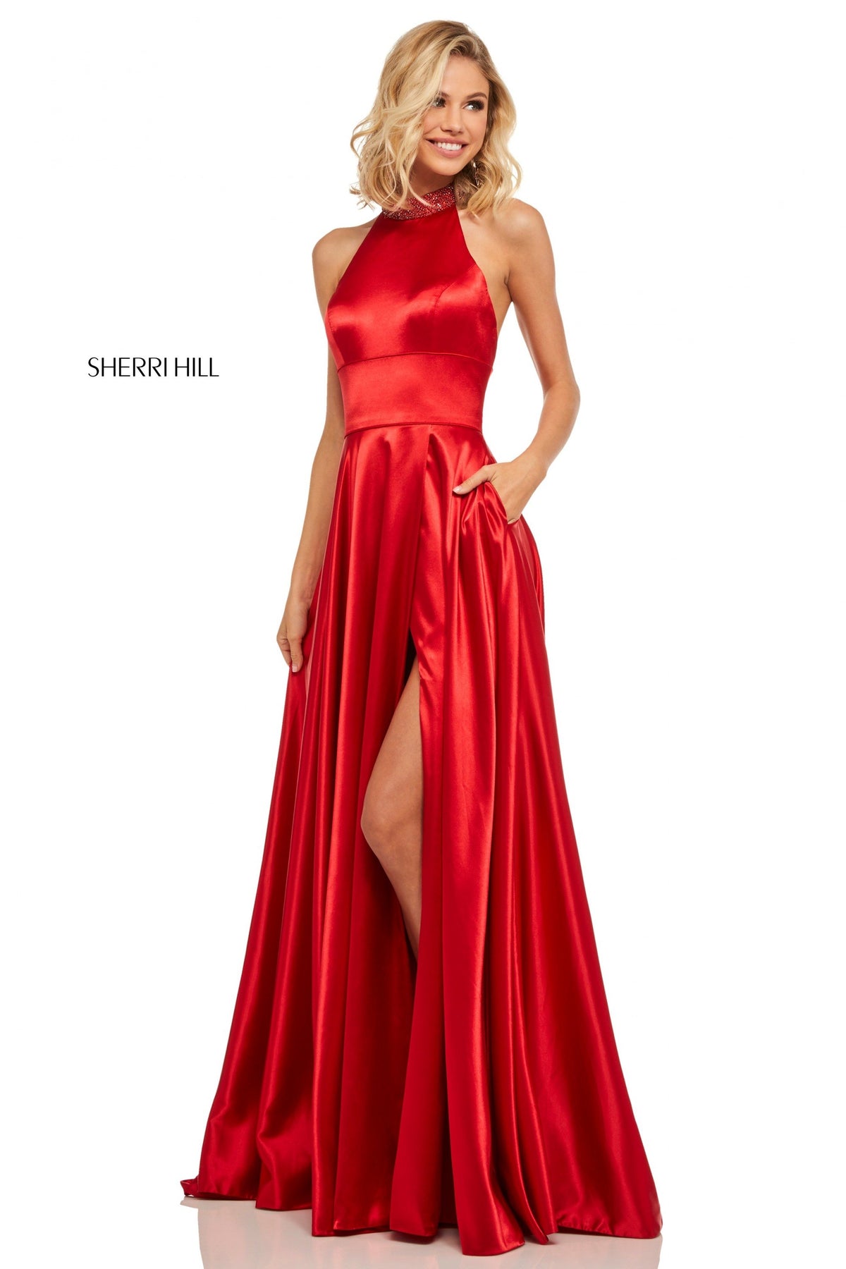 Sherri Hill 52920 satin high-neck halter top gown in red