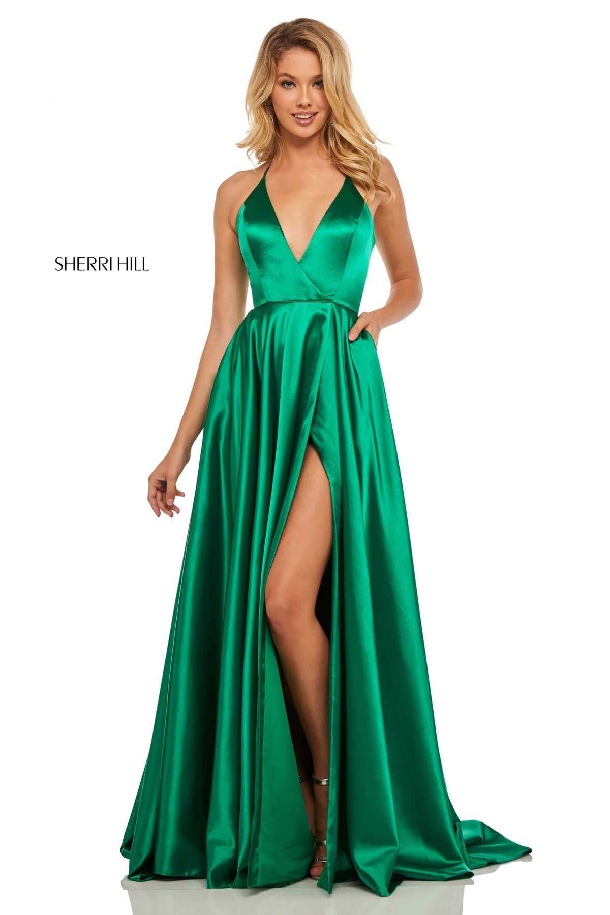 Sherri Hill 52921 satin gown with deep v halter neckline in emerald