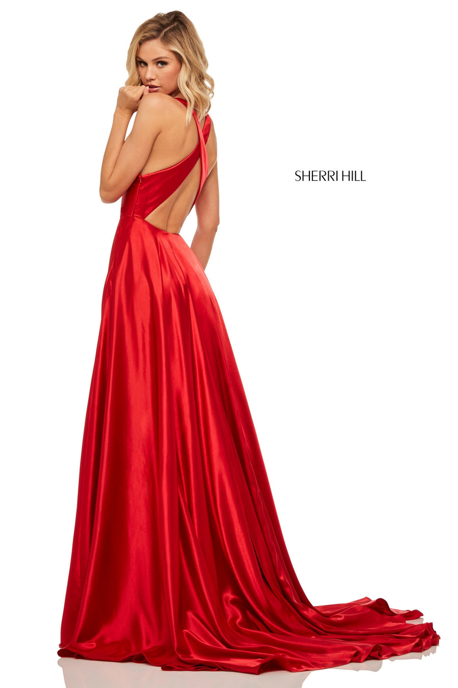 Sherri Hill style 52922 in yellow, Satin A-Line Skirt Slit