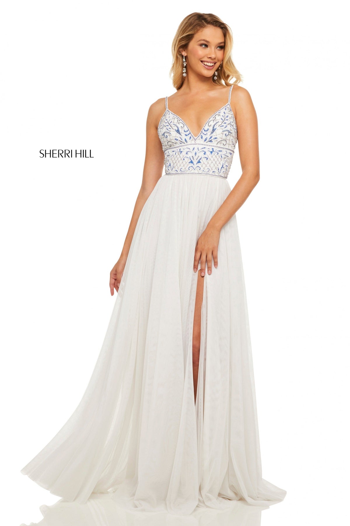 Sherri Hill 52450 A-line gown with beaded tank bodice in ivory/blue