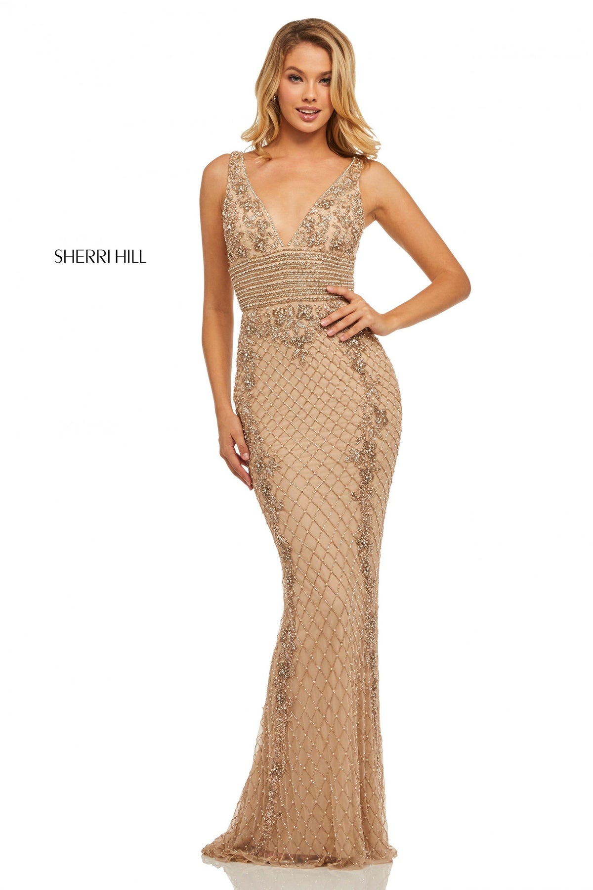 Sherri Hill 52453 fully beaded gown with V-neck bodice in nude