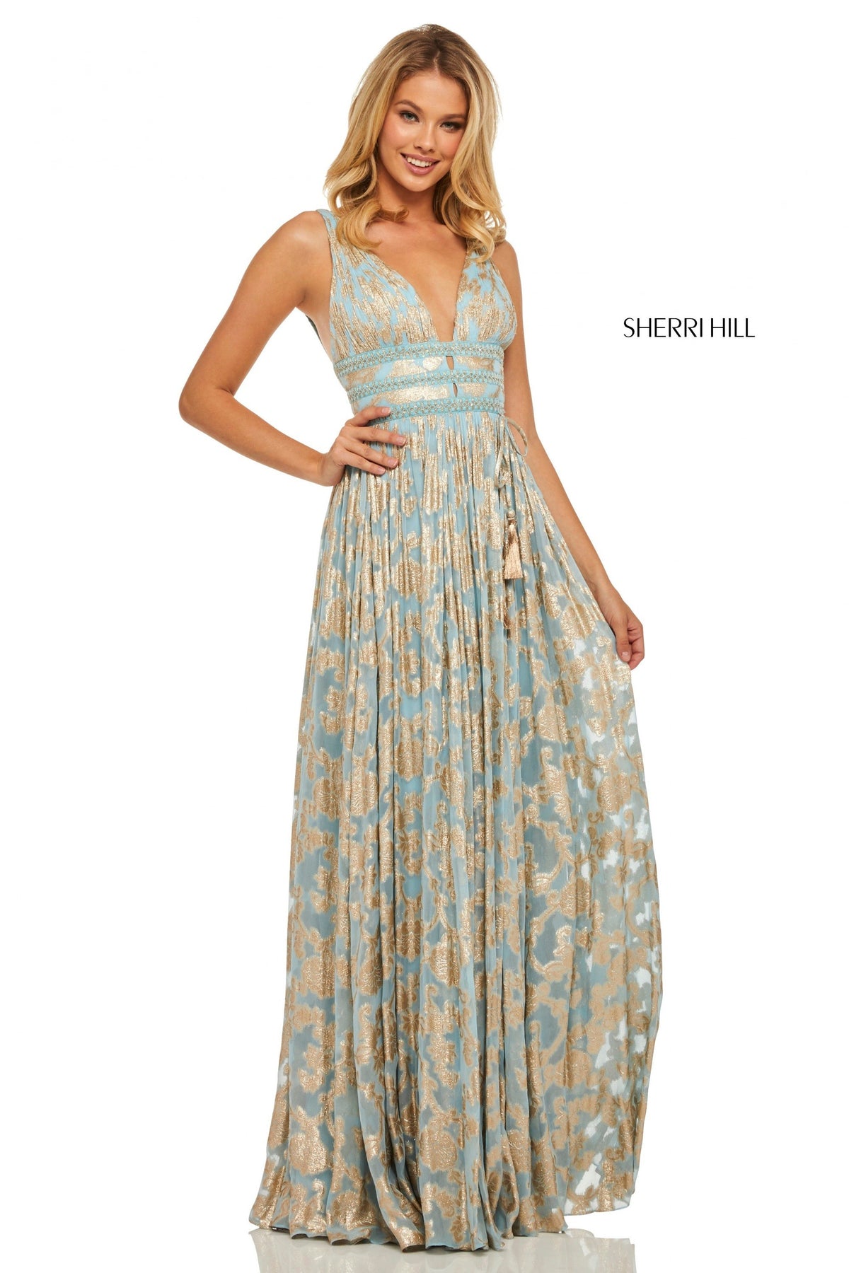 Sherri Hill 52474 metallic cross dyed gown in light blue/gold