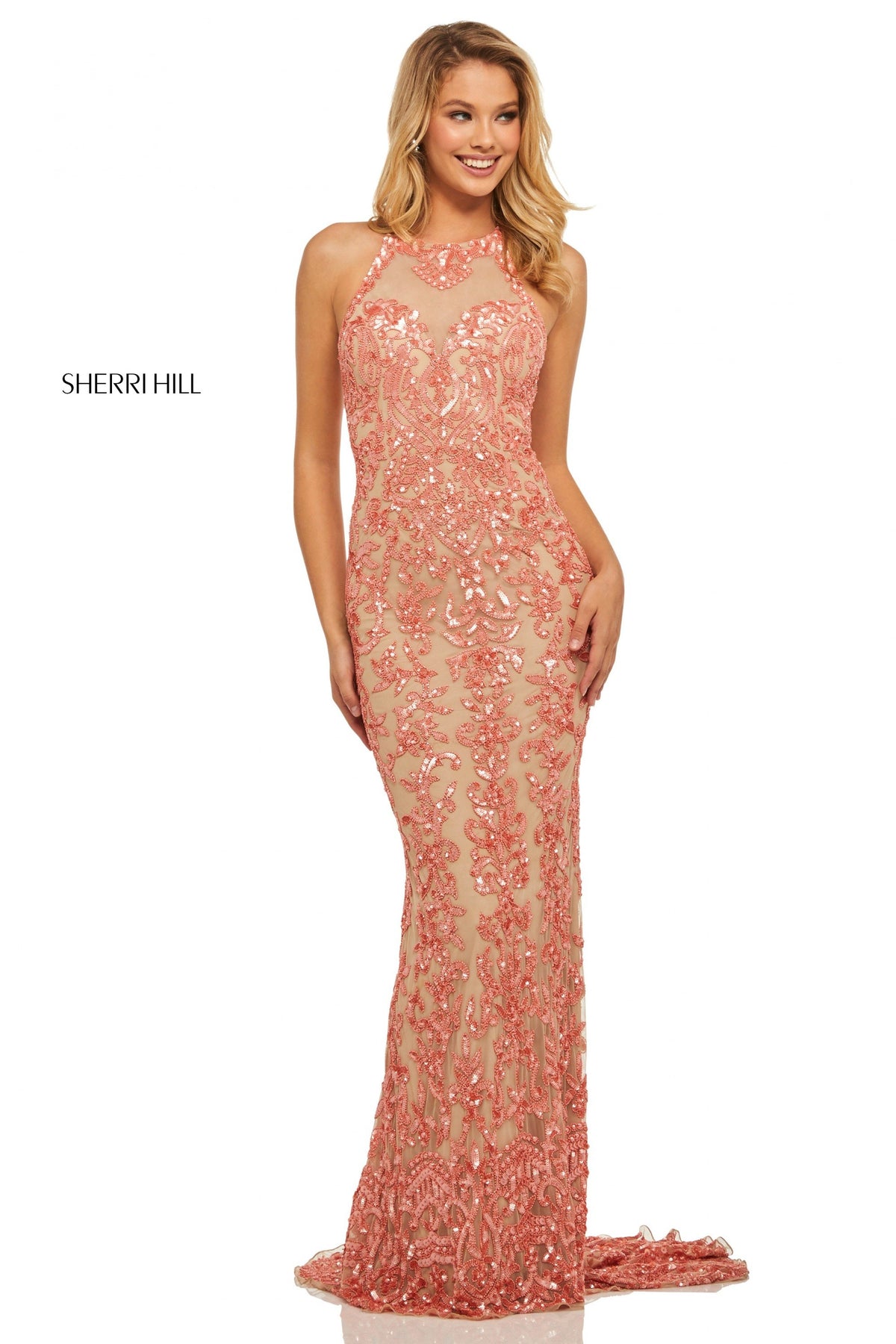 Sherri Hill 52527 fully beaded gown with high neck bodice