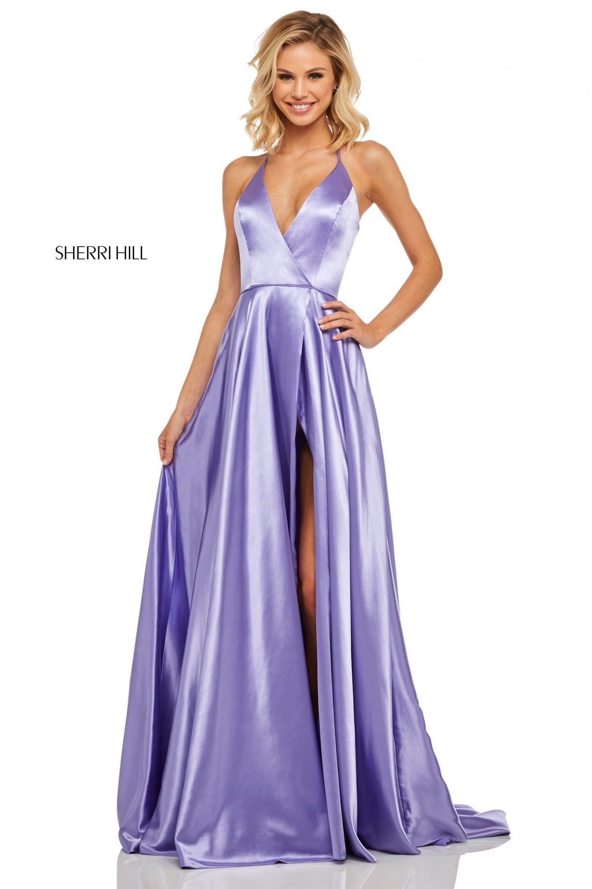 Sherri Hill 52921 satin gown with deep v halter neckline in lilac