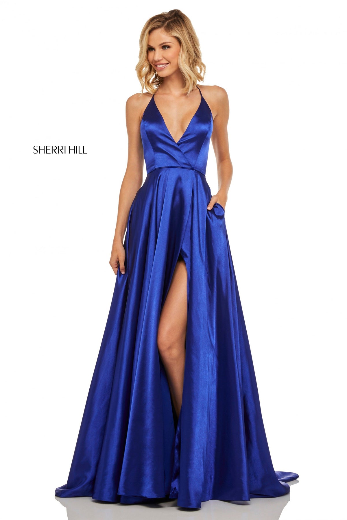 Sherri Hill 52921 satin gown with deep v halter neckline in royal