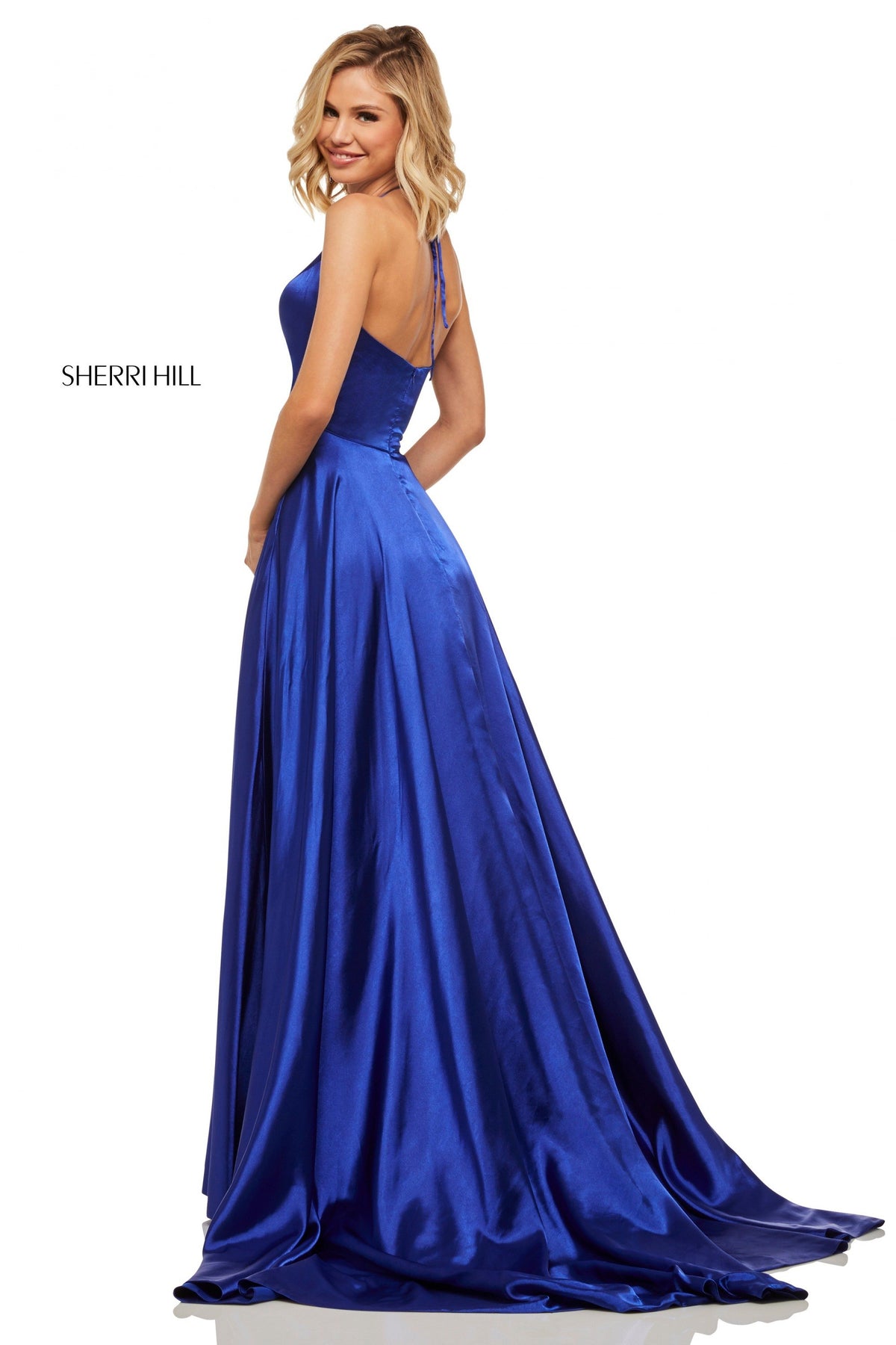 Sherri Hill 52921 satin gown with deep v halter neckline