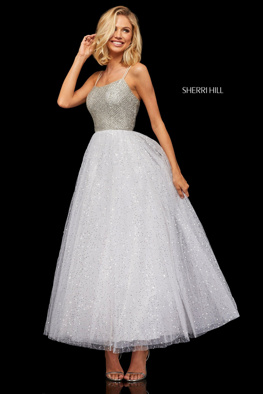 Sherri Hill style 52942 in ivory, Tea Length A-Line Sequin Tulle Skirt