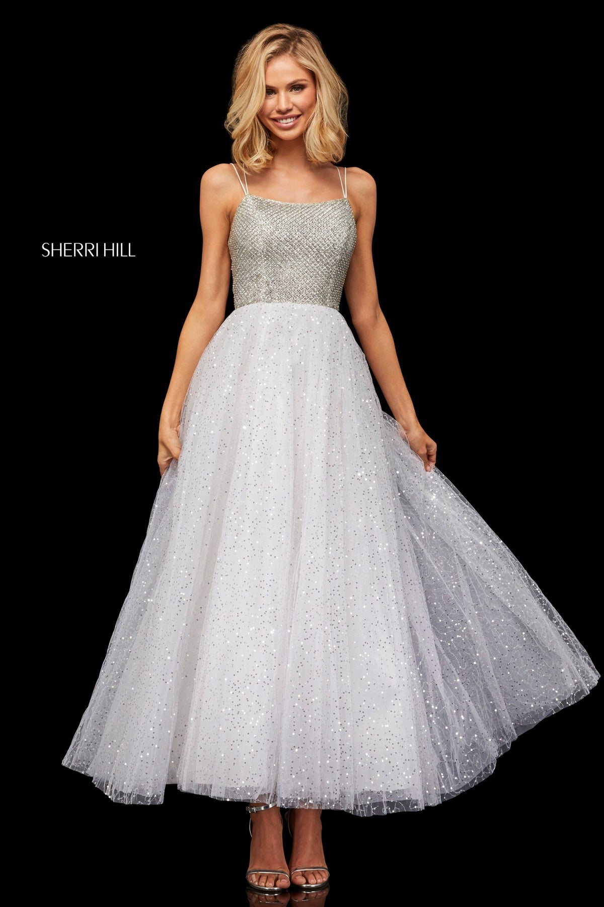 Sherri Hill 52942 tea length A-line sequin tulle skirt