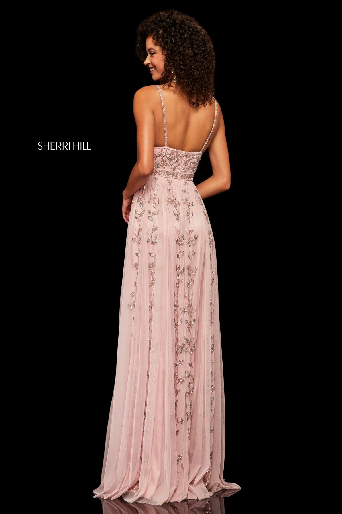 Sherri Hill 52461 chiffon sheath dress with deep-V-neckline