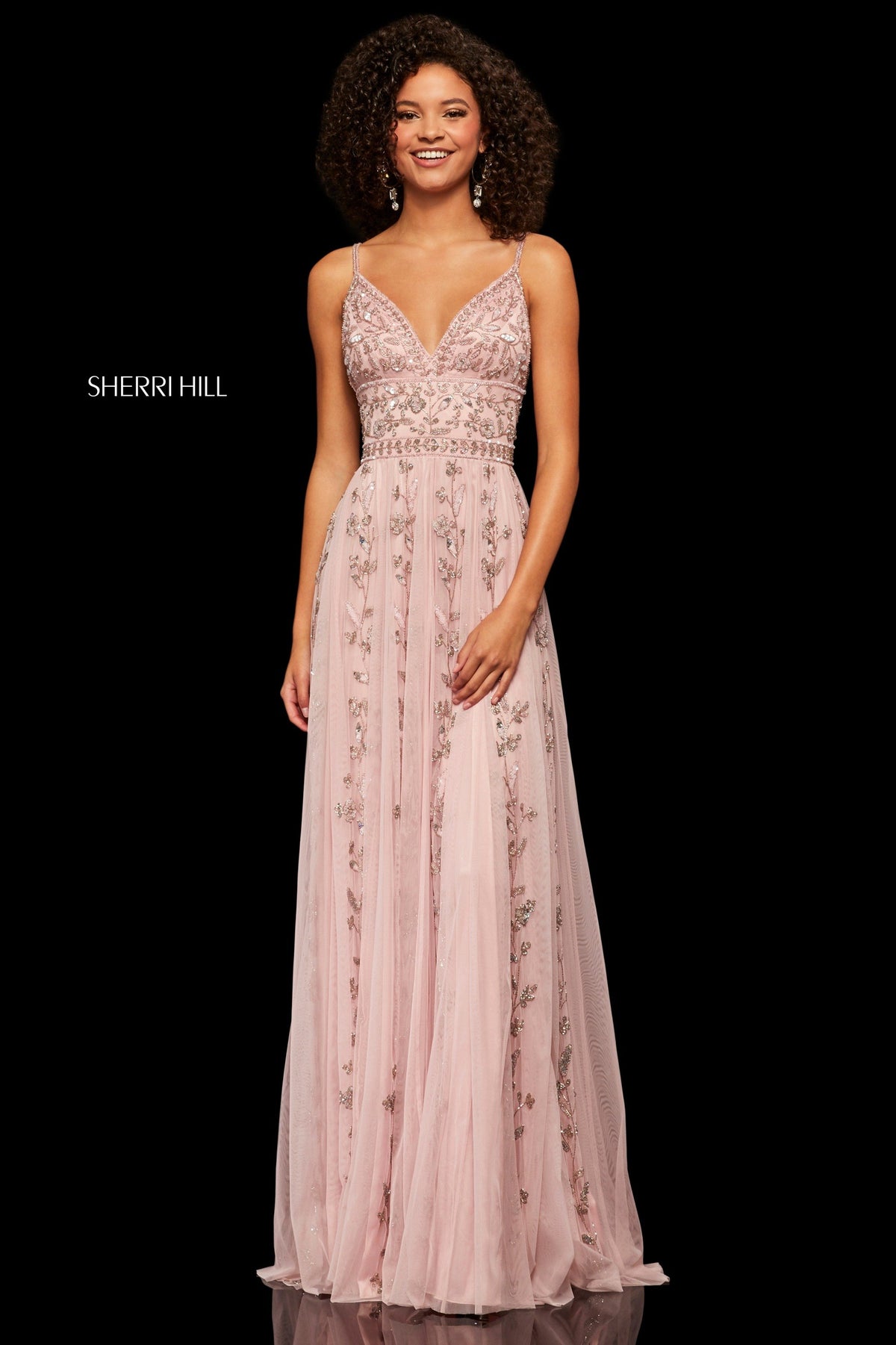 Sherri Hill 52461 chiffon sheath dress with deep-V-neckline in light pink