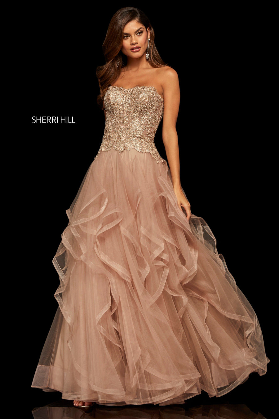 Sherri Hill style 52504 in rose gold, Tulle Ruffle Skirt Ball Gown