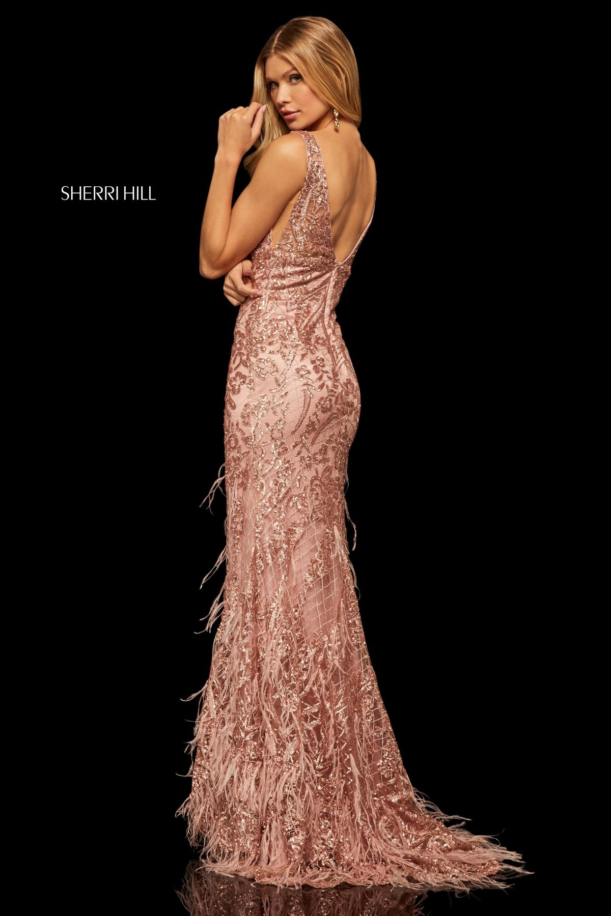 Sherri Hill 52649 embroidered and sequin column dress in rose gold