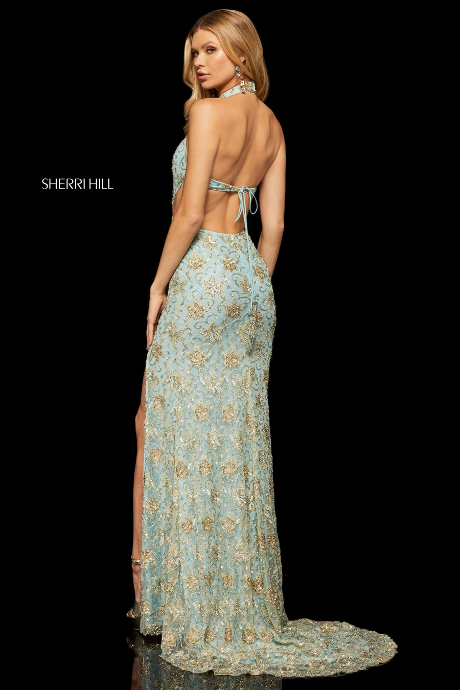 Sherri Hill style 52683 in light blue/gold, Beaded Halter Neck Column Dress