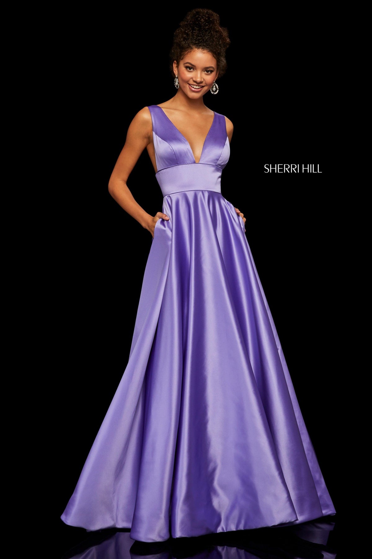 Sherri Hill 52911 satin A-line gown with deep-V-neckline in lilac