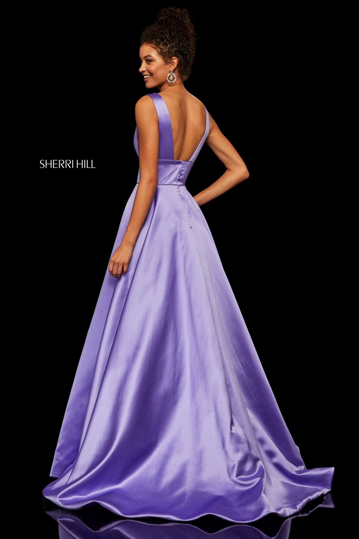 Sherri Hill 52911 satin A-line gown with deep-V-neckline