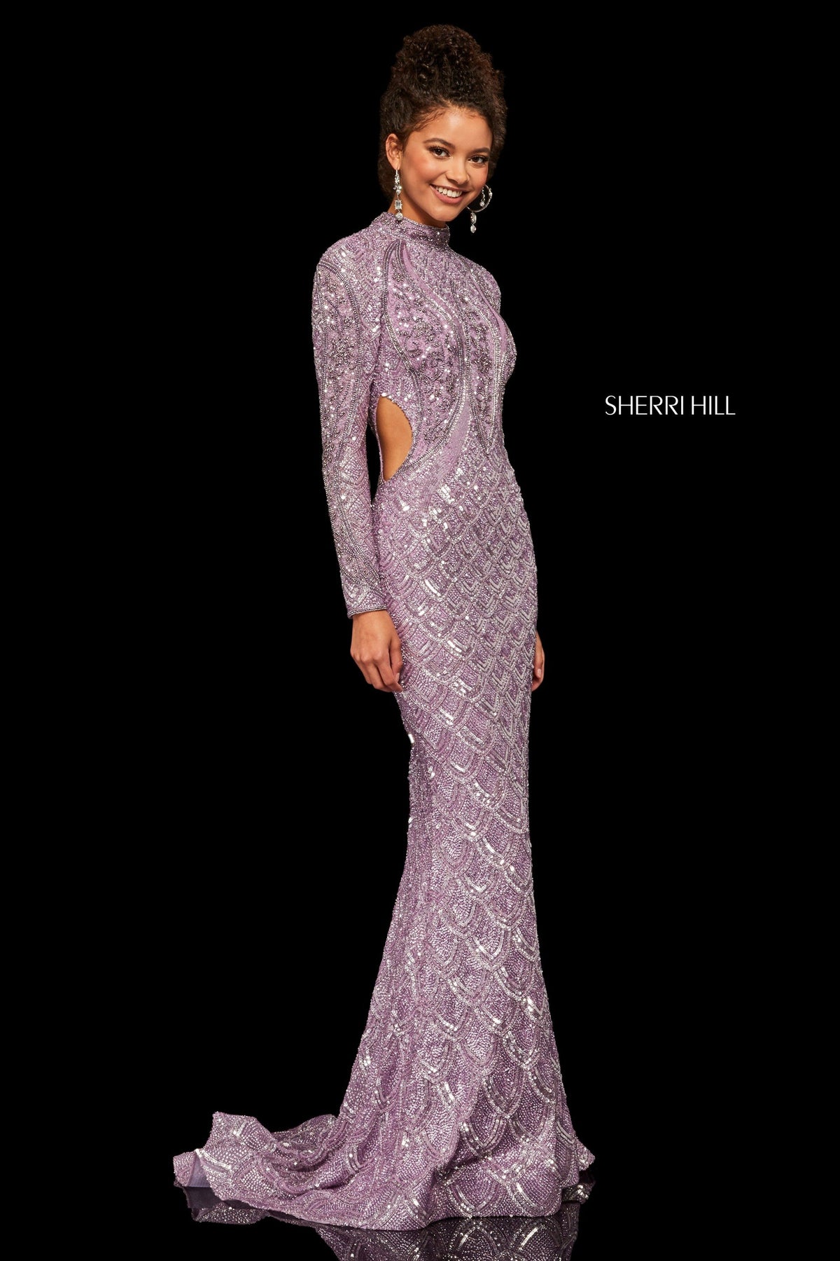 Sherri Hill 52916 beaded column gown with high neckline