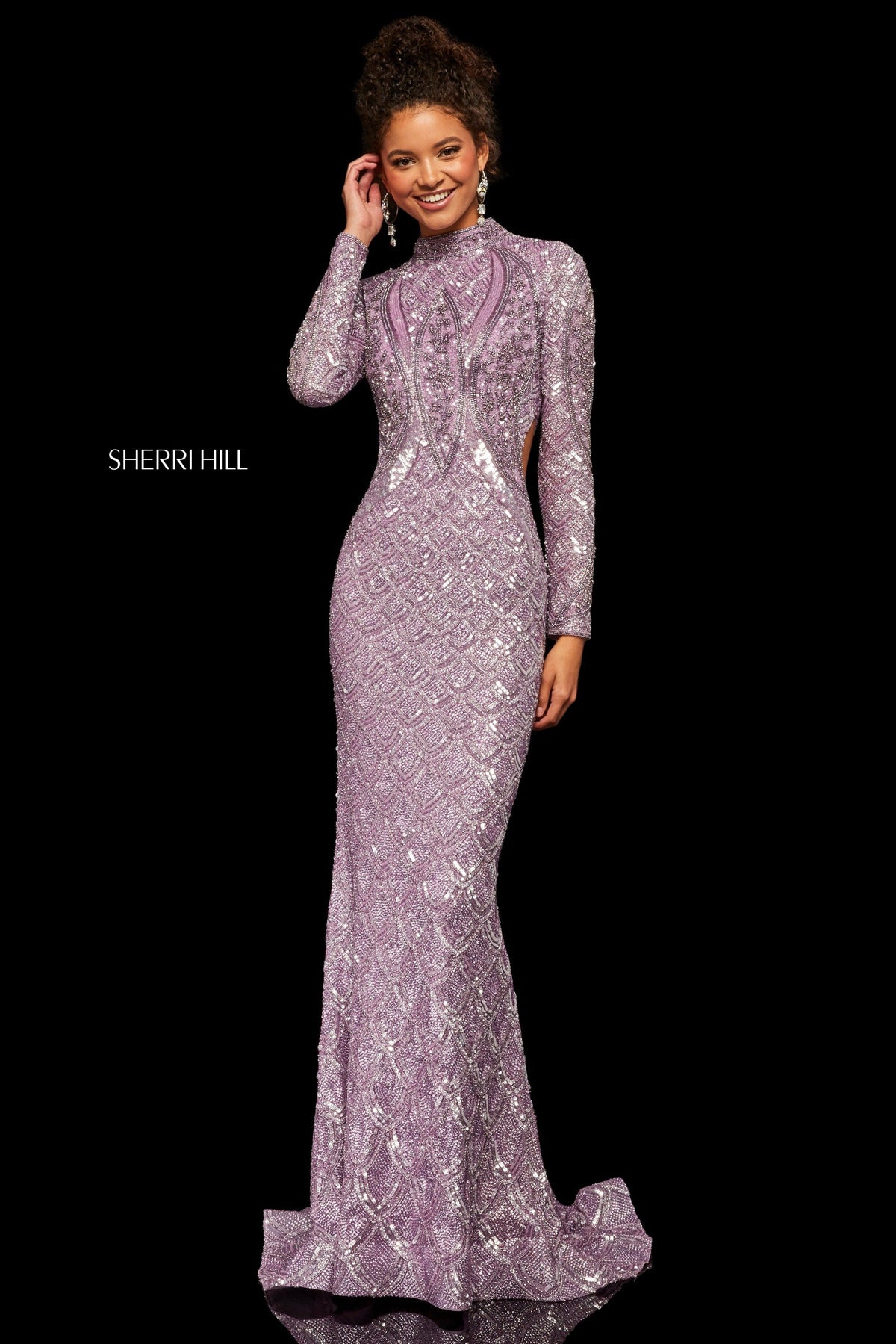 Sherri Hill 52916 beaded column gown with high neckline in lilac