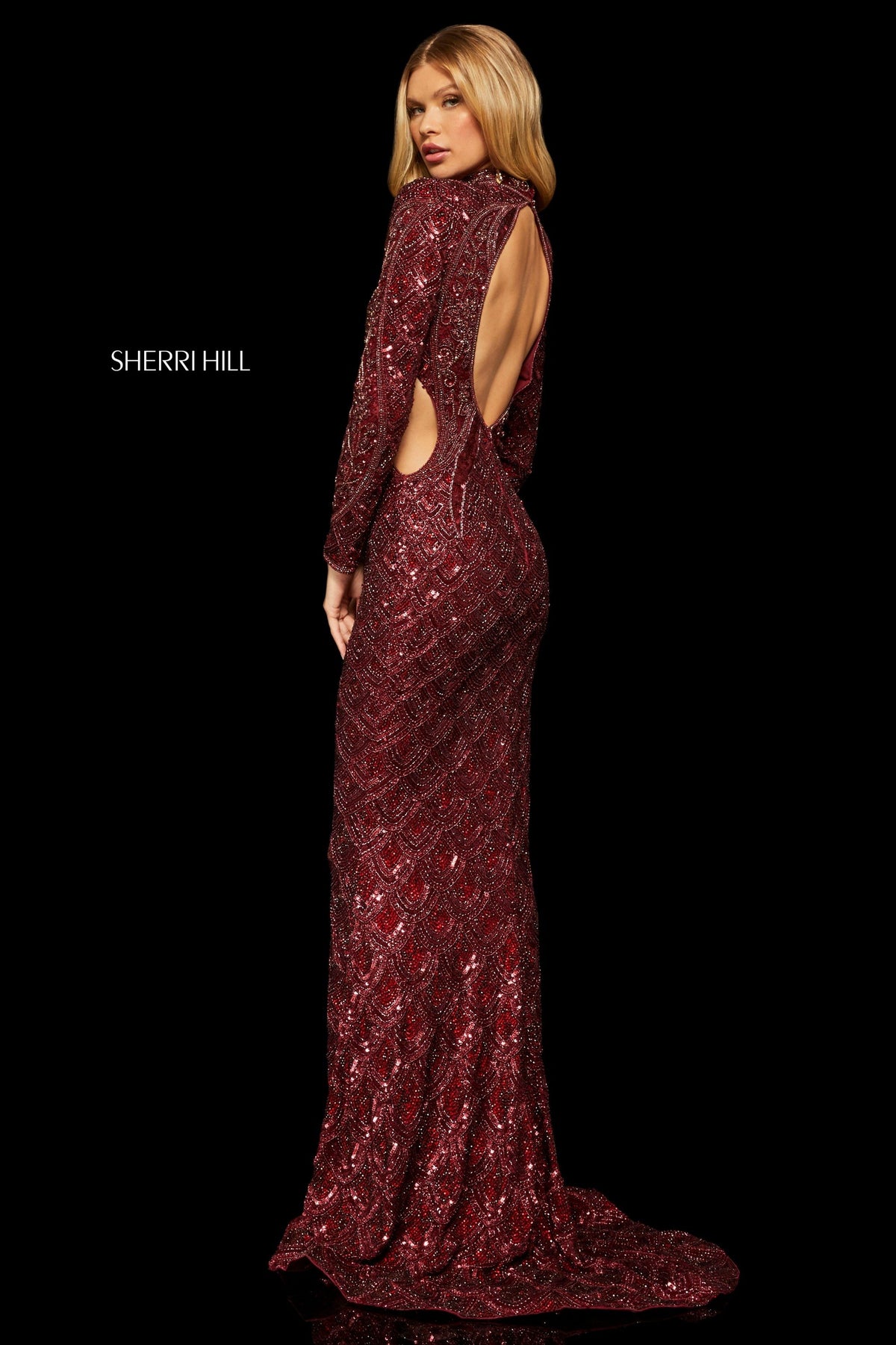 Sherri Hill 52916 beaded column gown with high neckline in wine