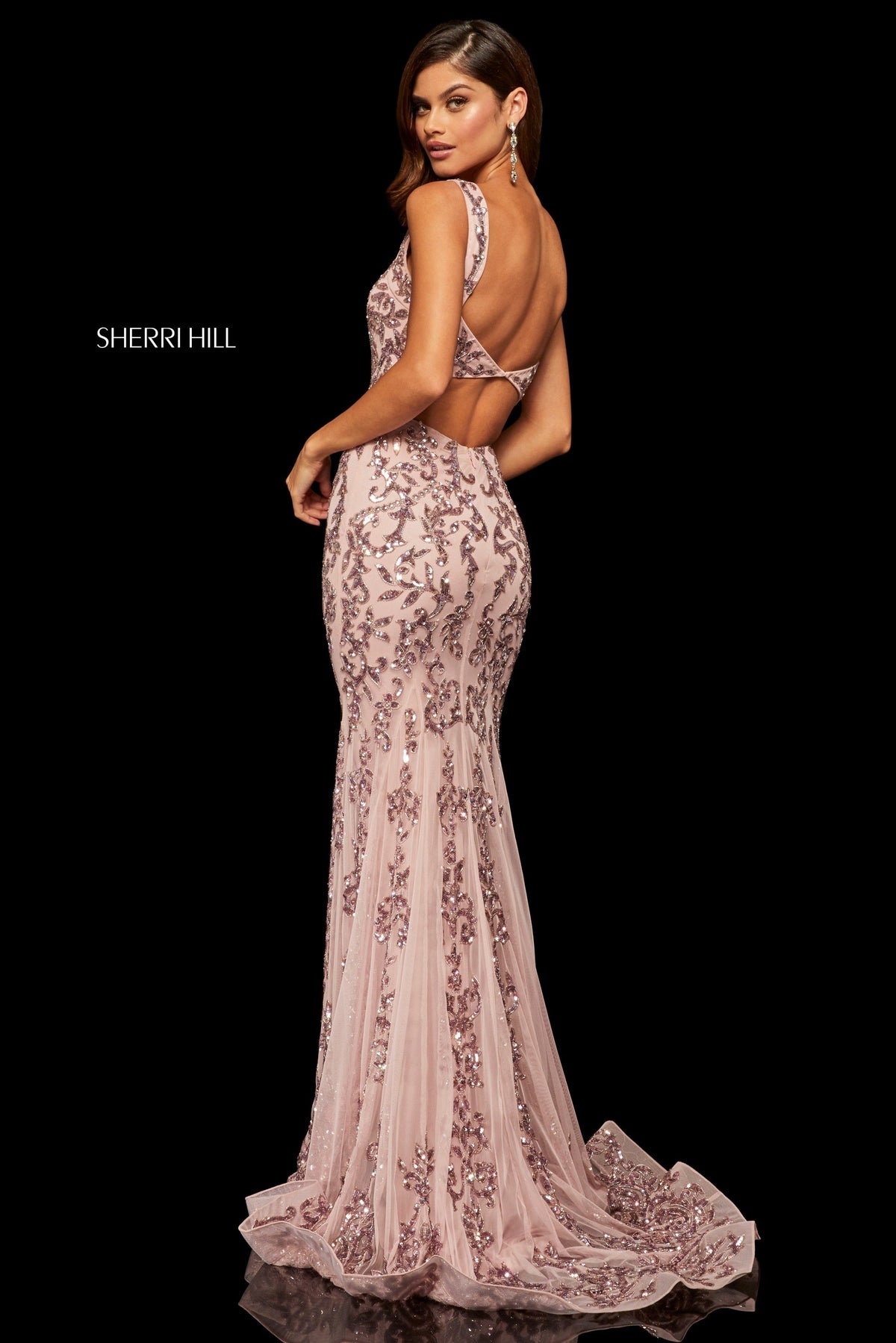 Sherri Hill 52925 fitted sequined chiffon gown in rose