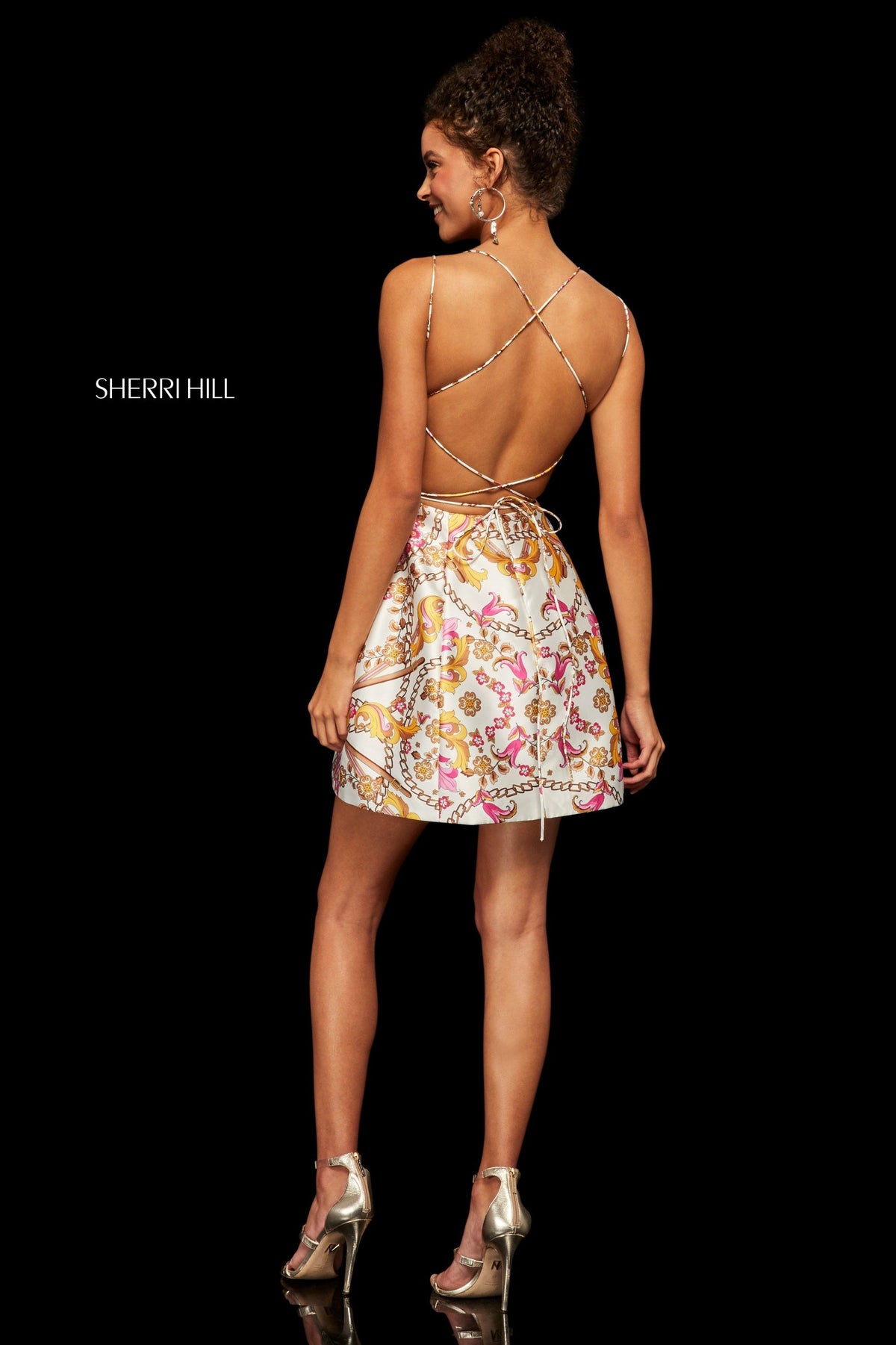 Sherri Hill 52943 printed mikado cocktail dress in ivory/fuchsia print
