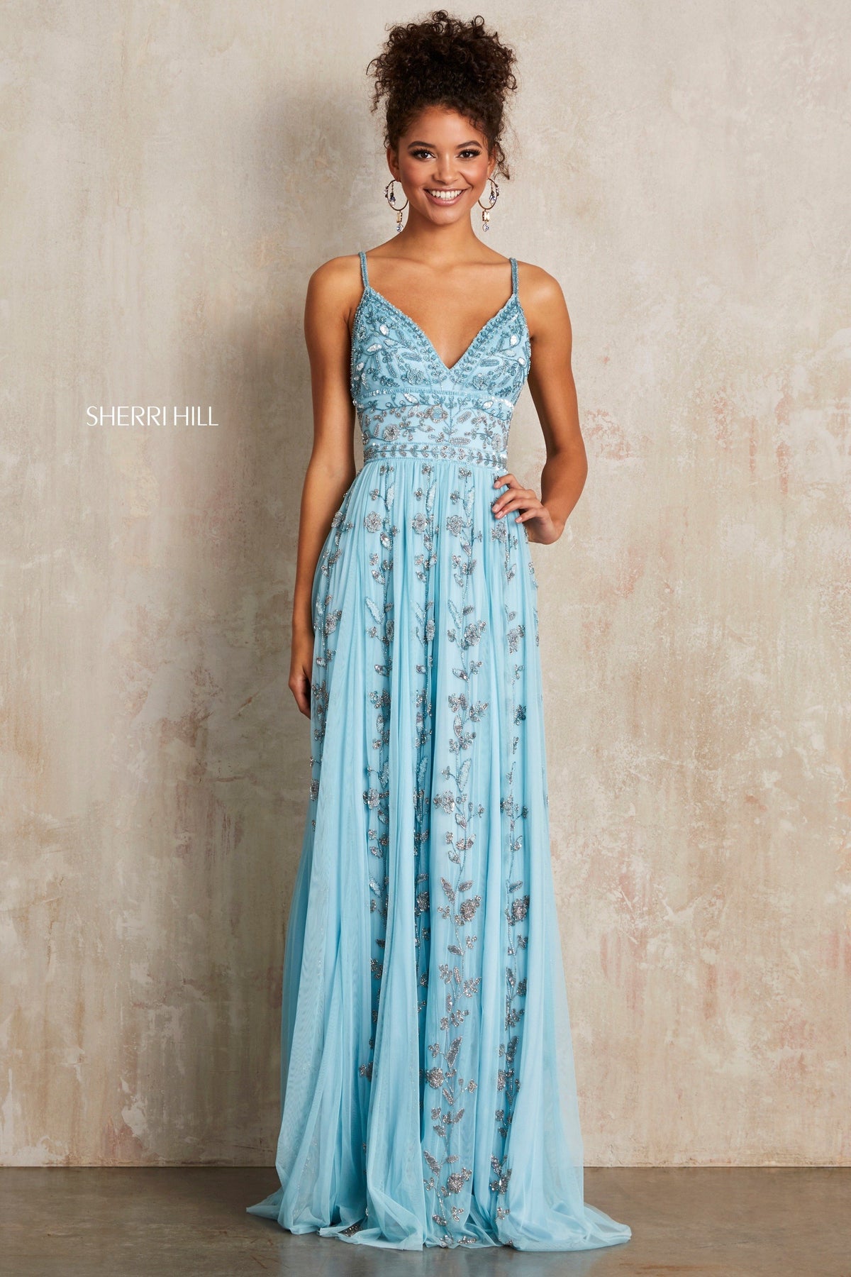 Sherri Hill 52461 chiffon sheath dress with deep-V-neckline in light blue