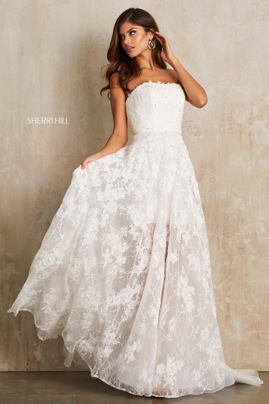 Sherri Hill style 52477 in ivory, Strapless Lace A-Line Gown