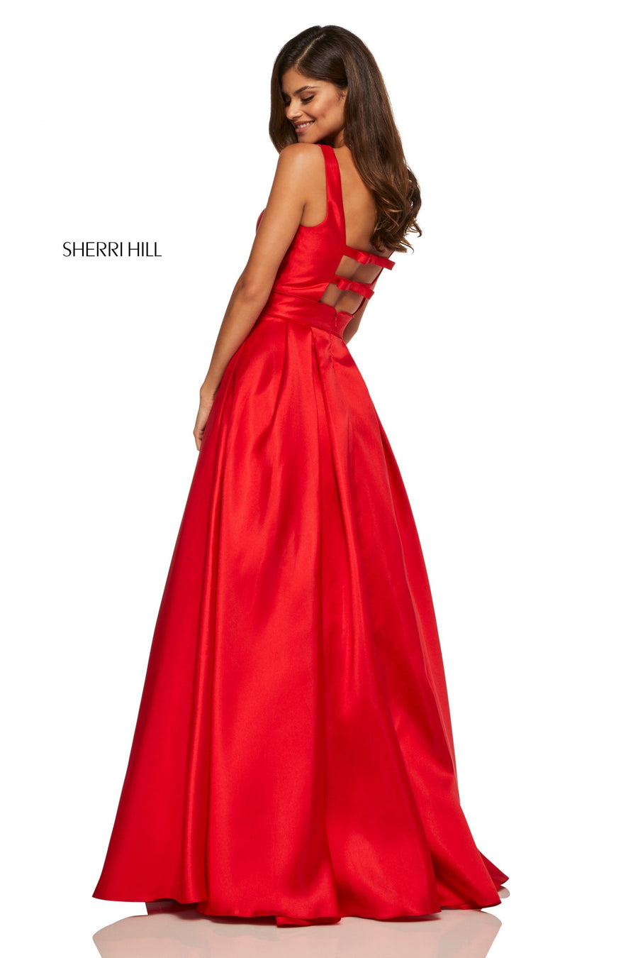 Sherri Hill style 52502 in yellow, Satin A-Line Dress with Plunging Neckline
