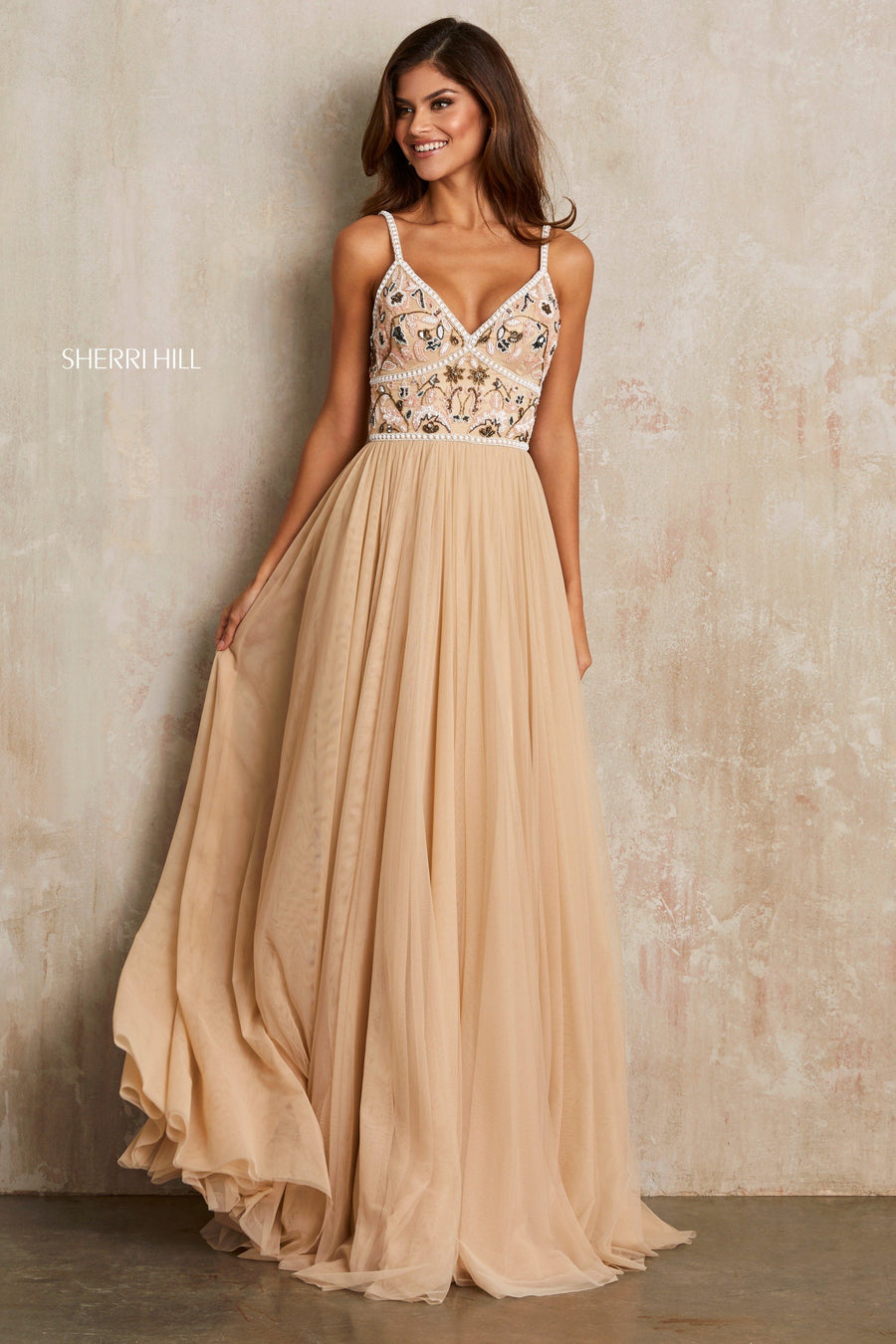 Sherri Hill style 52523 in nude/multi, Tulle A-Line Gown