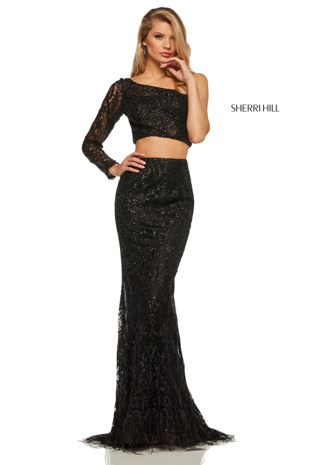 Sherri Hill 52555 two-piece mermaid gown with feather skirt