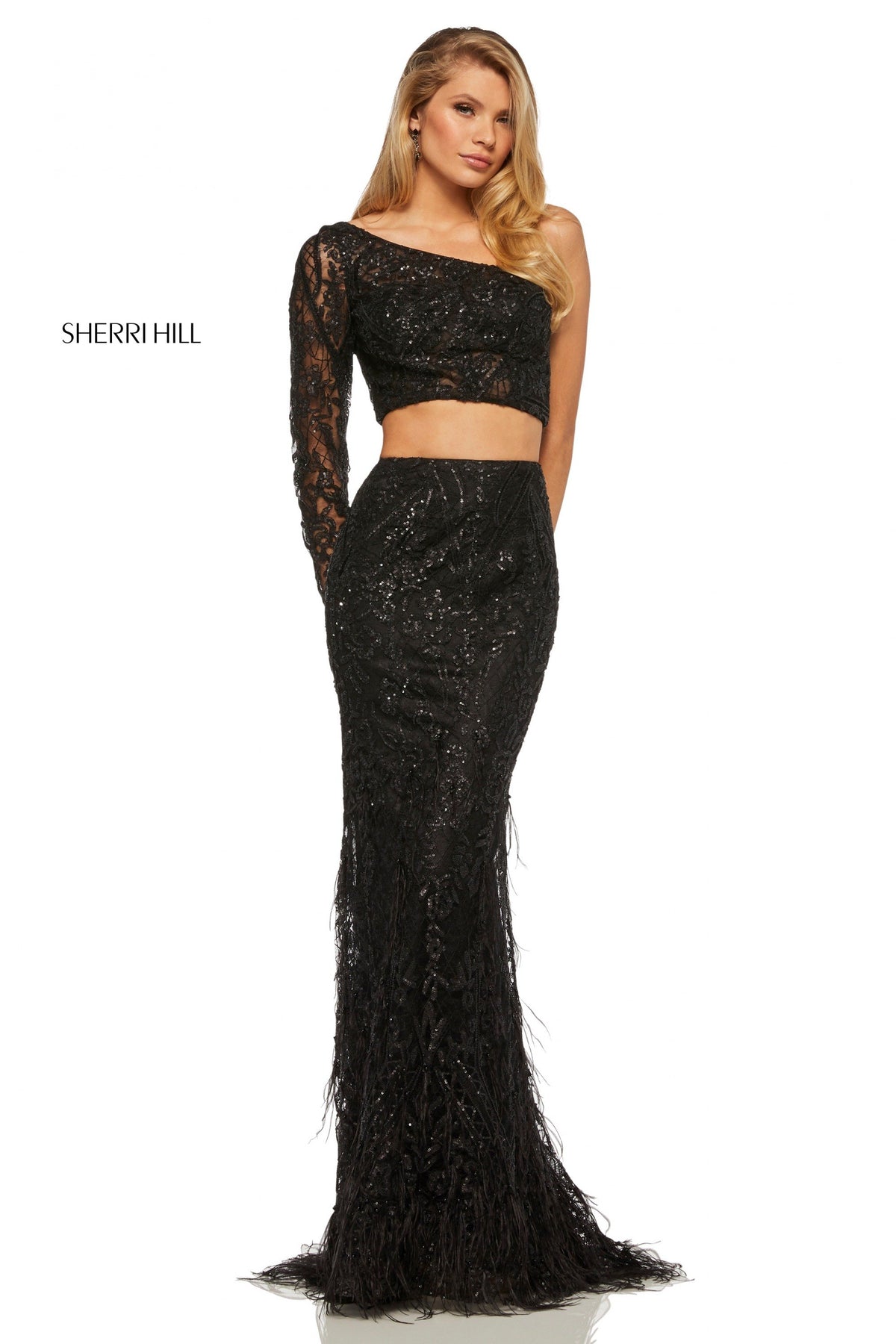 Sherri Hill 52555 two-piece mermaid gown with feather skirt in black
