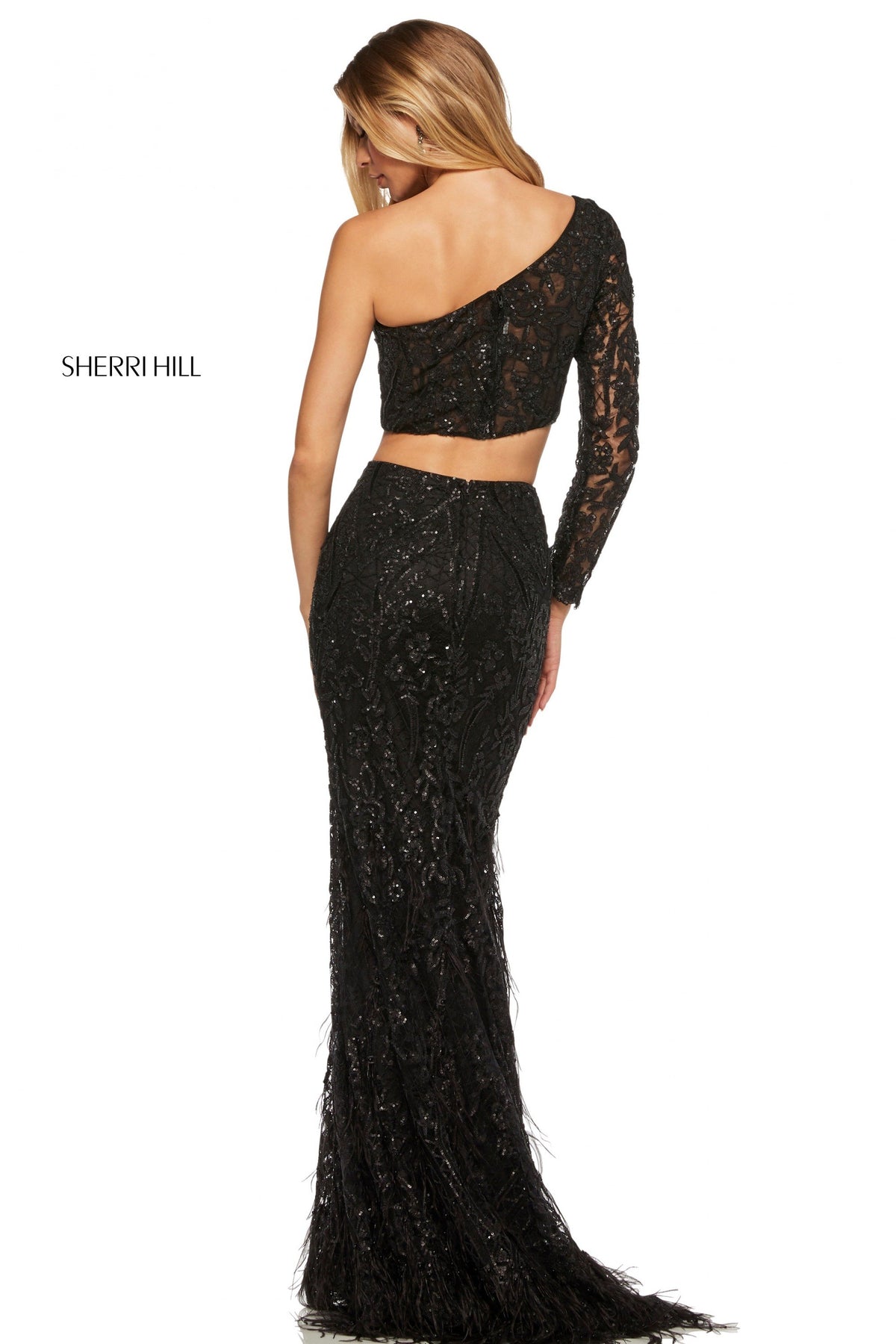 Sherri Hill 52555 two-piece mermaid gown with feather skirt